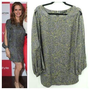 Elizabeth and James 100% Silk Split Sleeve Printed Mini Dress 8 Gray/Yellow